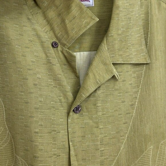Tommy Bahama Loop Collar Silk Shirt L Yellow Green Tropical Textured Leaf Print - Picture 5 of 10